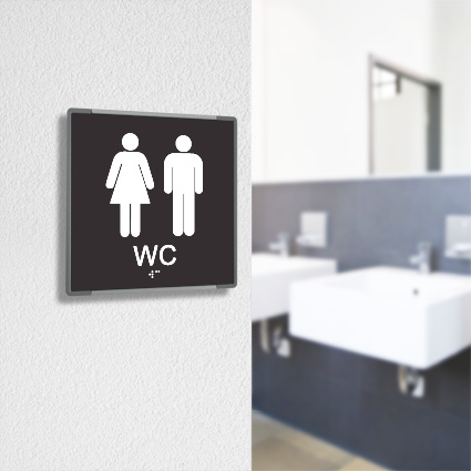 Signcode 150x150mm, väggvisninssystem med taktil WC-skylt i svart