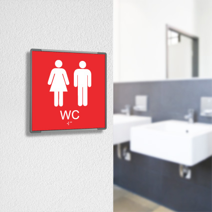 Signcode 150x150mm, väggvisninssystem med taktil WC-skylt i rött