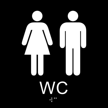 Taktil skylt WC herr och dam, med text, symbol och blindskrift, 148x148mm