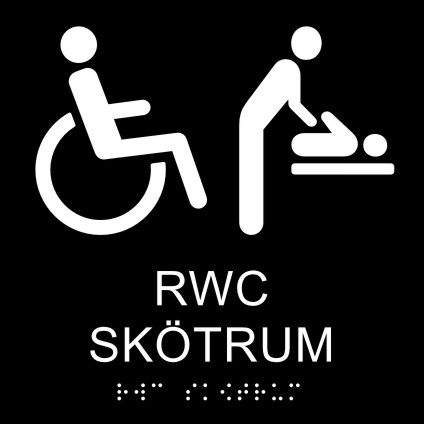 Taktil skylt RWC och sktrum, med text, symbol och blindskrift, 148x148mm