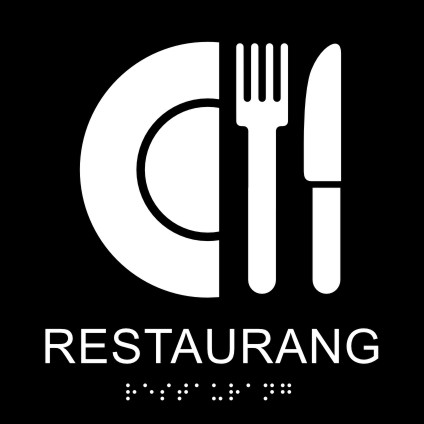 Taktil skylt restaurang, med text, symbol och blindskrift, 148x148mm