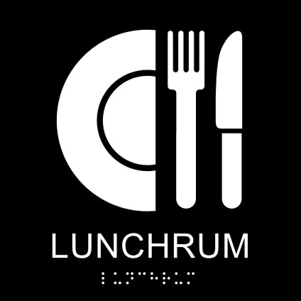 Taktil skylt lunchrum, med text, symbol och blindskrift, 148x148mm