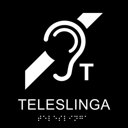 Taktil skylt teleslinga, med text, symbol och blindskrift, 148x148mm